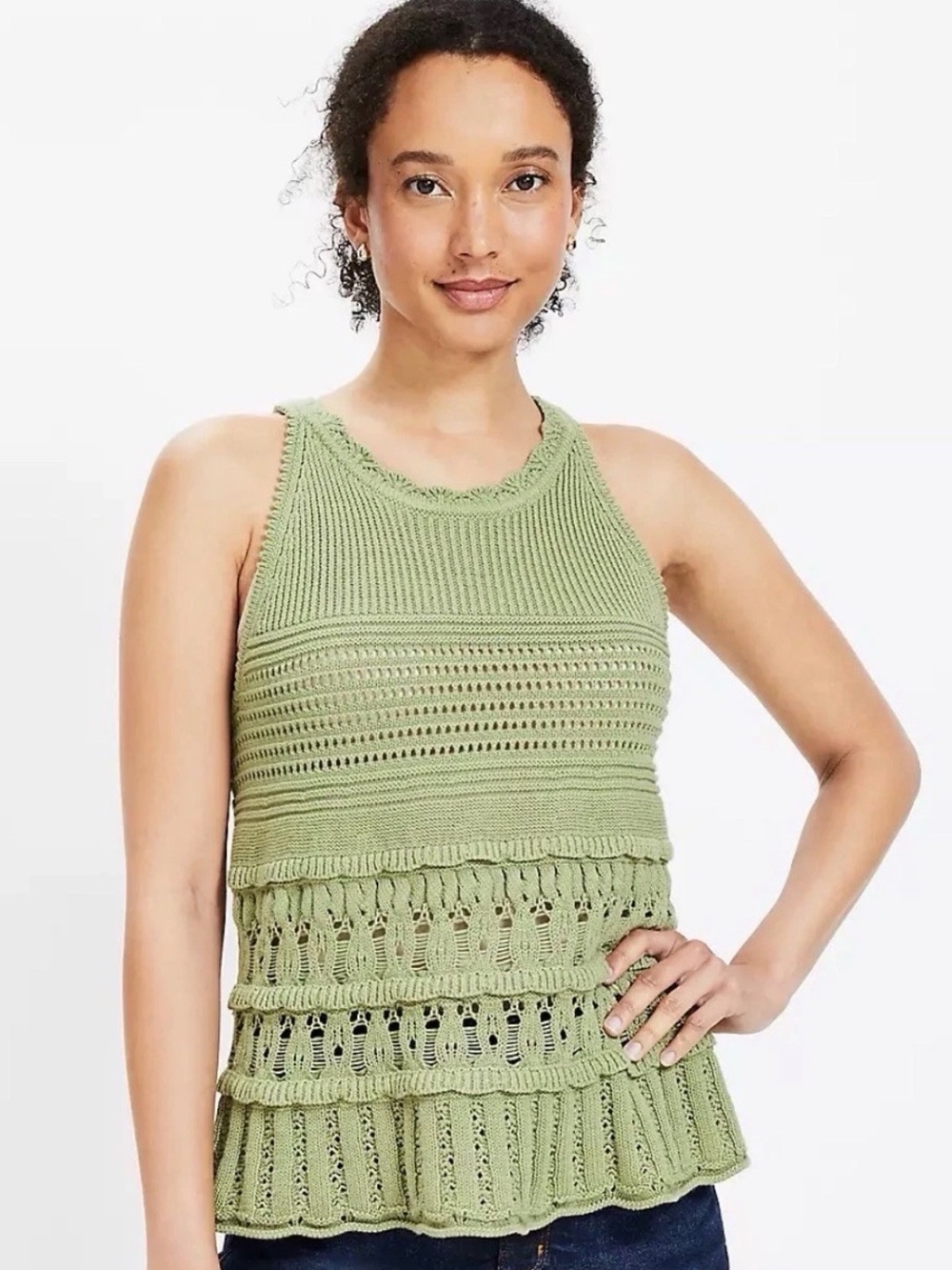 LOFT Green Pointelle Crochet Sweater Tank Top Size S Boho Ruffle Tiered Knit
